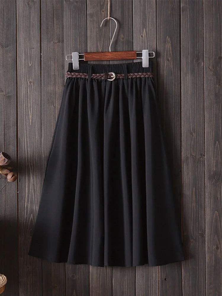 Midi Knee Length Summer Skirt Women With BeltFashion Korean Ladies High Waist Pleated A-line School Skirt Female