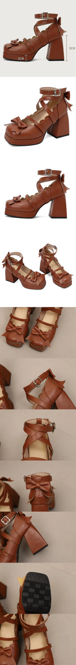 Big Size 48 Sweet Purple Mary Janes Pumps Lovely Pink Lolita 9cm Block High Heels Shoes Women Cute White Bow Knot Platform Shoes