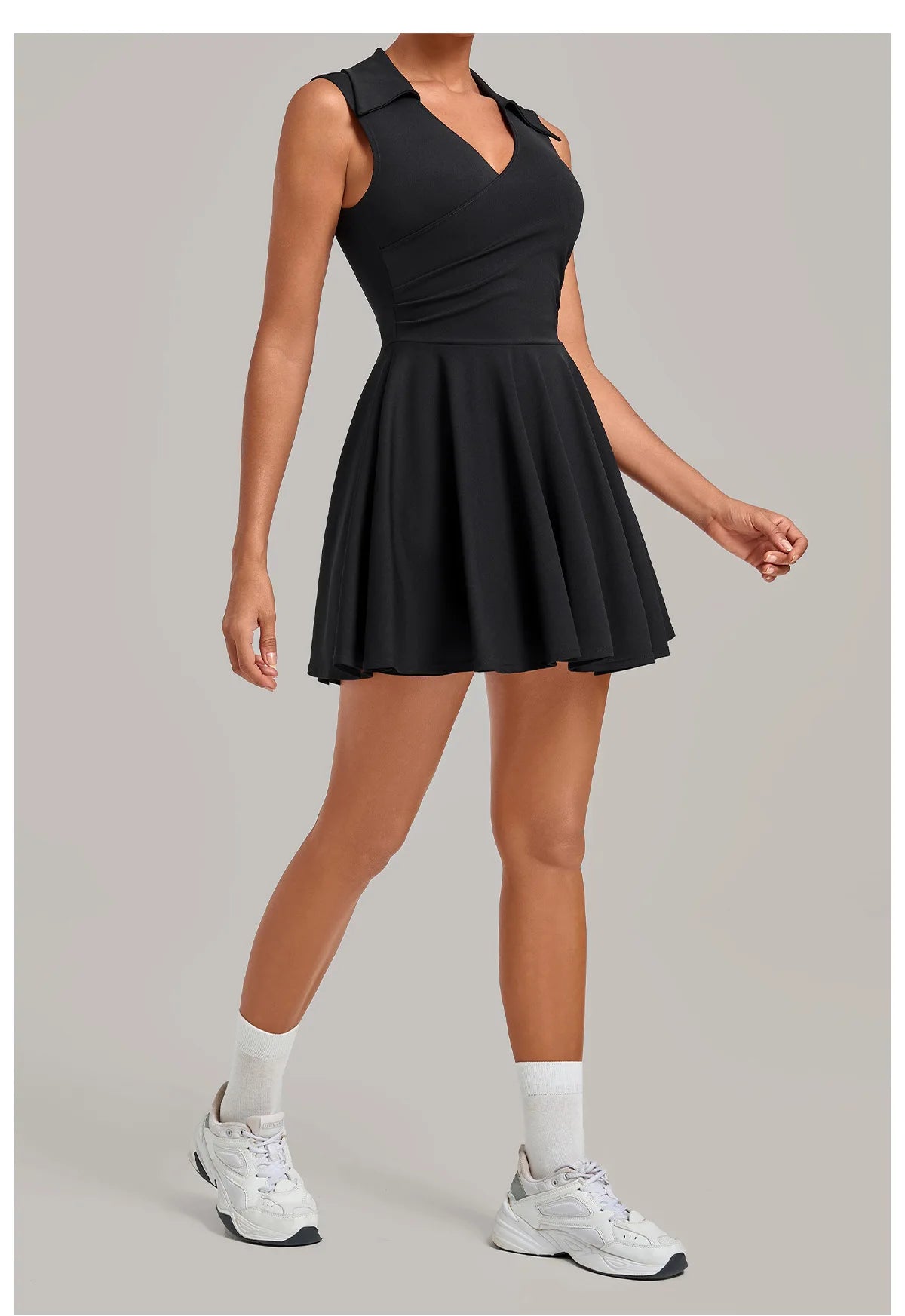Summer Women Solid Tennis Dresses Sleeveless Turn Down Collar Pleated Skirts with Detachable Pocket Shorts Slim Yoga Golf Dress