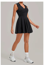 Summer Women Solid Tennis Dresses Sleeveless Turn Down Collar Pleated Skirts with Detachable Pocket Shorts Slim Yoga Golf Dress