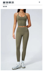 Women Tracksuit 2PCS Seamless Yoga Sets Hanging V Neck Slim Sports Tank Top Fitness Outfits Gym Running High Waist Leggings Suit