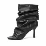 Black Soft Leather Peep Toe Pleated Mid-calf Boots Fashion Women 5 CM Thin Heels Solid Booties High Heel Boots Shoes Lady