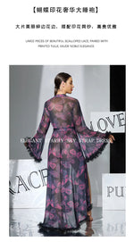 2026 New Women Elegant Butterfly Print Mesh Robe Big Flare Sleeve Lace Up Tassel Fringe High Slit Bathrobe Loungewear