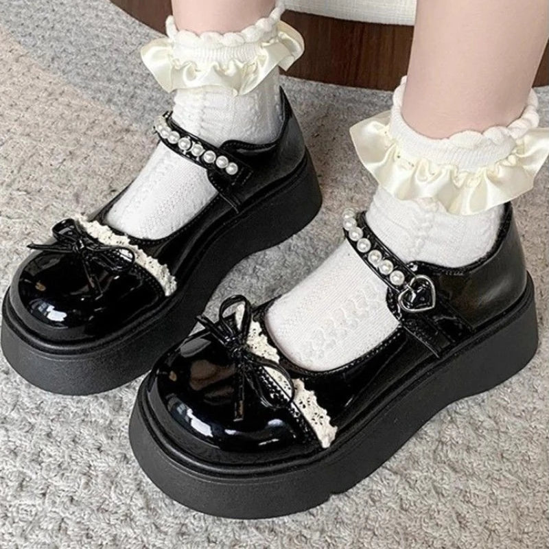 Women Pearl Lace Bow Platform Mary Jane Shoes Adjustable Buckle Strap Chunky Sole Sweet Lolita JK Casual Dress Shoes Black White