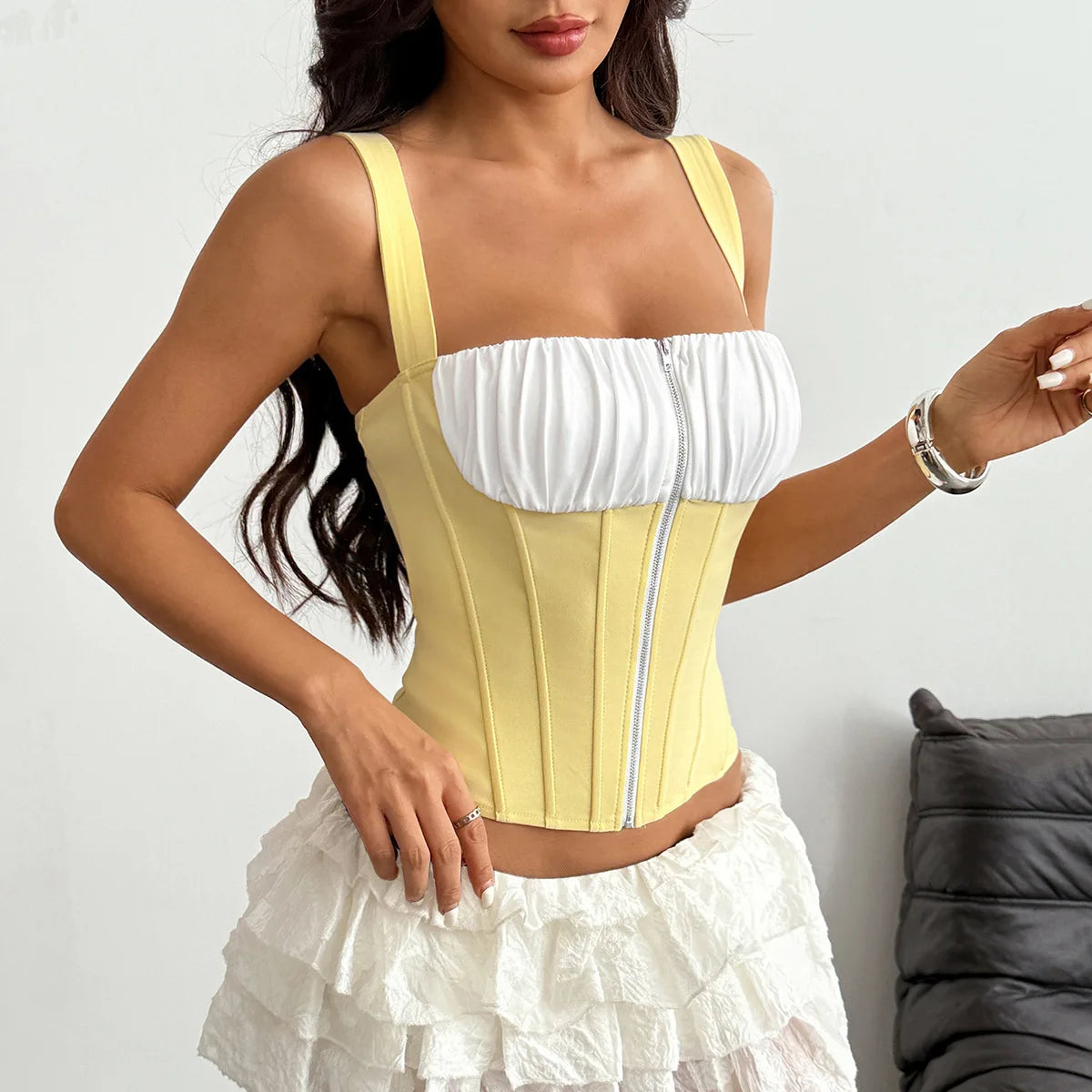 Yellow White Contrast Camisole Women Square Collar Pleate Front Zipper Slim Fit Fishbone Tank Top 2026 Summer Club Holiday Vest