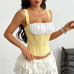Yellow White Contrast Camisole Women Square Collar Pleate Front Zipper Slim Fit Fishbone Tank Top 2026 Summer Club Holiday Vest