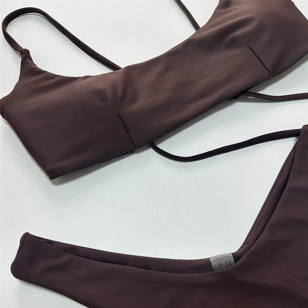 Brown Bandeau Micro Bikini Set Back String Lace-up Sexy Swimsuit Solid Swimwears Woman 2026 High Cut Bathing Suit Bikinis Femmes
