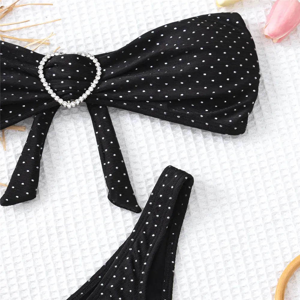 Sexy Black Shiny Swimwear Sarong String Halter Triangle Bikinis Sets 3 Pieces Rhinestone Swimsuit Women 2026 Bather Beachwear