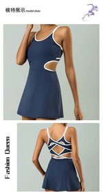 Tennis Dress Women Sleeveless Push Up Padded Sport Dresses Training Running Fitness Hollow Out Backless Slim Badminton Suit