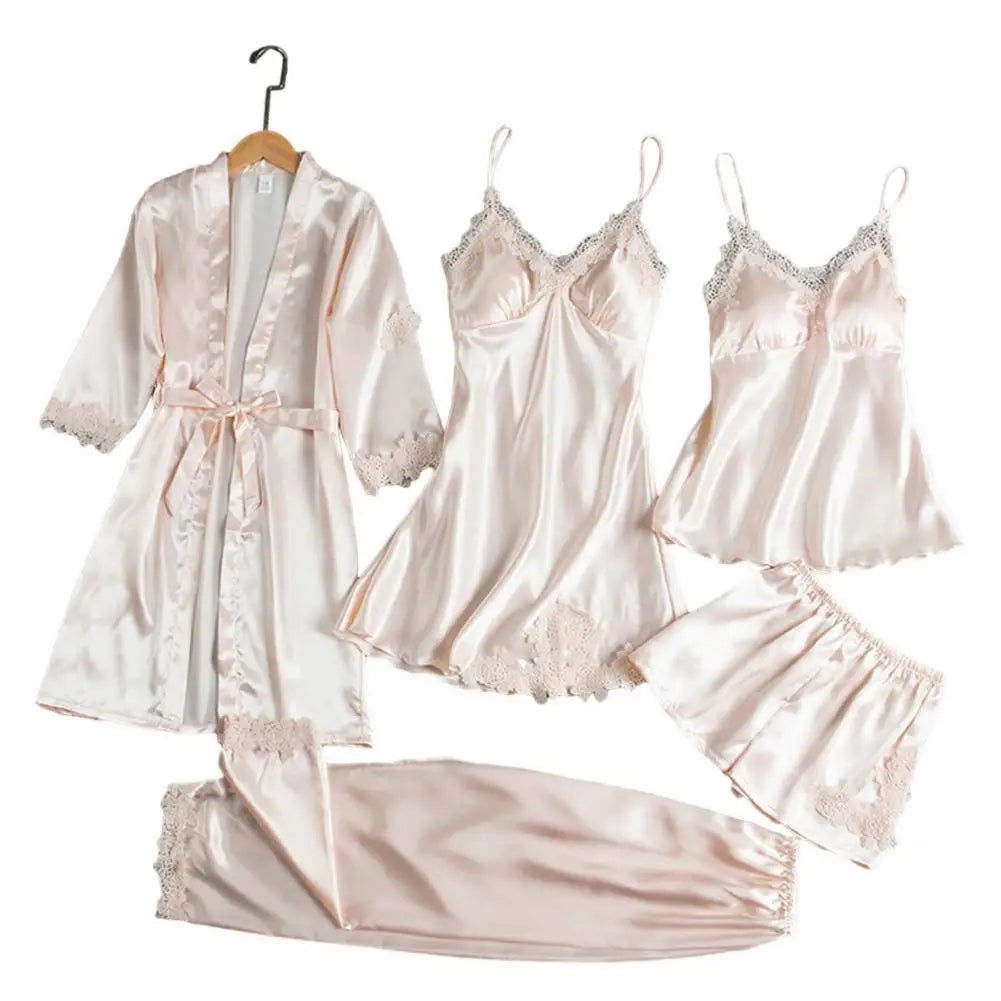 5 Pcs/Set Silky Satin Women Pajamas Set Nightgown Nightdress Top Shorts Pants Set Lace Patchwork Loose Thin Women Sleepwear