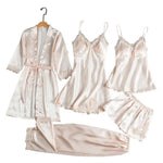 5 Pcs/Set Silky Satin Women Pajamas Set Nightgown Nightdress Top Shorts Pants Set Lace Patchwork Loose Thin Women Sleepwear