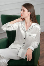 Women Autumn Winter Silk Pajamas Set Casual Soft Breathable and Relaxed Fit Long Shirt Tops and Long Pants Sleepwear