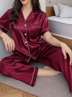 Women's Satin Silk Pajamas Set Short Sleeve Top and Long Pants Comfortable Casual Home Wear Spring Autumn Sleepwear