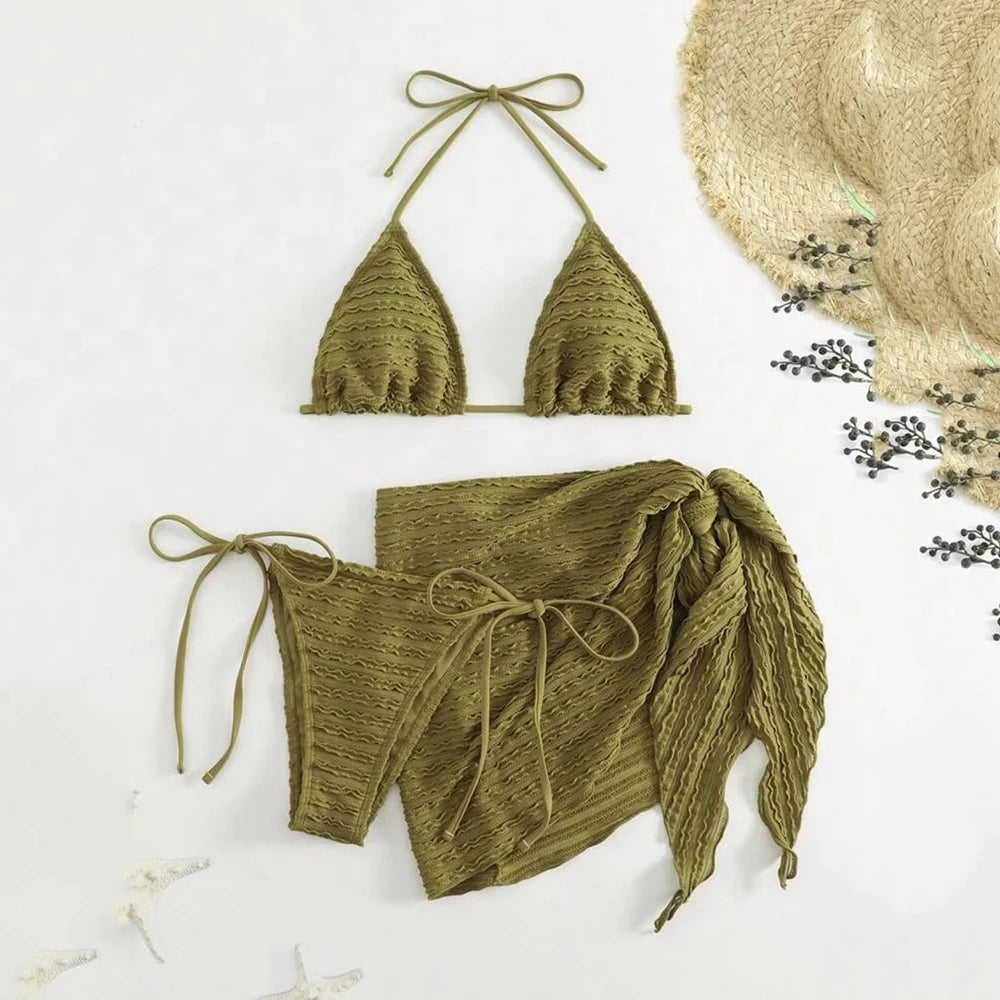 Army Green Solid Swimwears 3 Piece Halter Triangle Bikini Set Cover Ups Micro Thong Sexy Swimsuit Women Beachwear String Bikinis