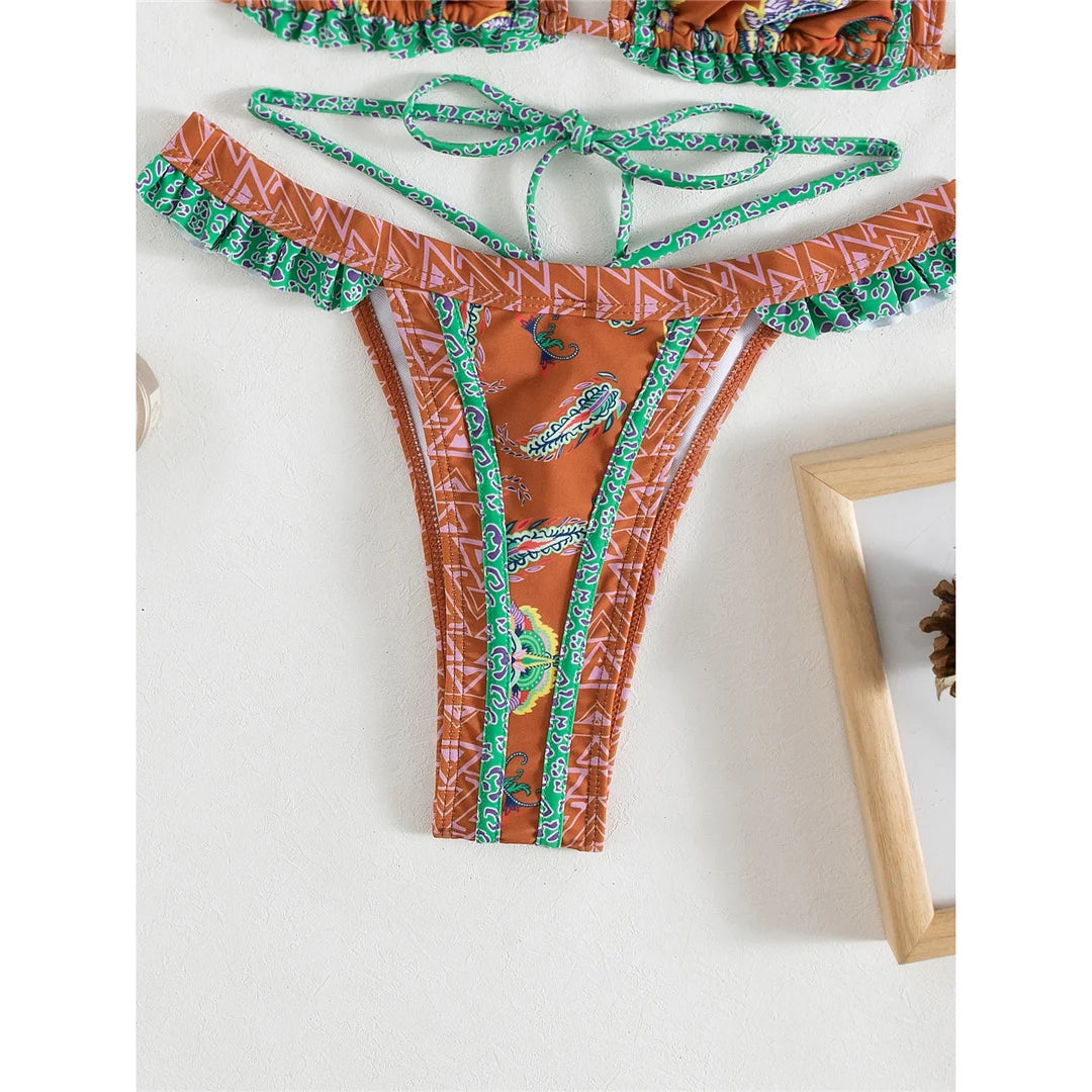 5 Colors Sexy Printed Halter Frilled Bikini Women Swimwear Female Swimsuit Two-Pieces Bikini Set Bather Bathing Suit Swim V4651