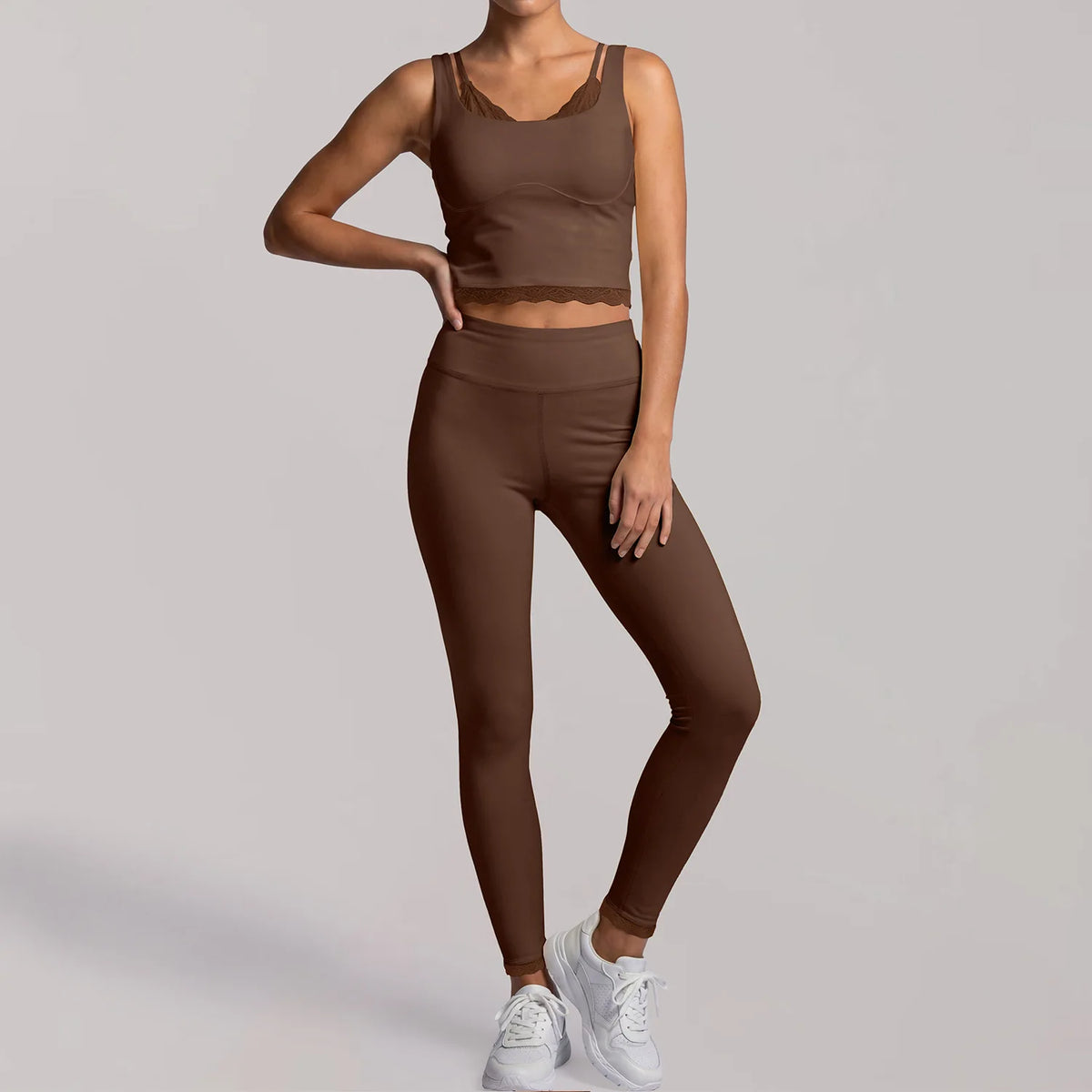 Fake Two Piece Tank Top Yoga Sets Women Lace V Neck Sports Vest Fitness Suit Hip Lifting High Waist Leggings Workout Clothes