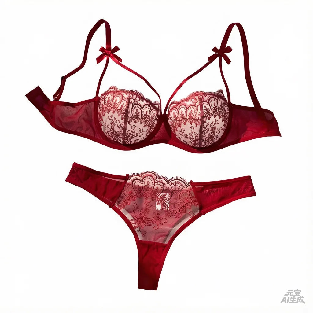 Red Floral Lace Lingerie Set Sheer Mesh Underwire Bra With Bow & Thong Women Sexy Underwear ZA824057