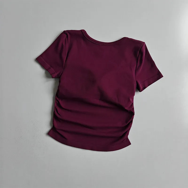 Big round Neck Yoga T-Shirt Short-Sleeved Slimming Sports Top with Fixed Chest Cushion for Running Pilates Summer Stretch