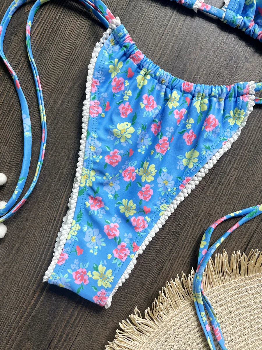 2025 Floral Printed Halter Bikini Female Swimsuit Women Swimwear Two-pieces Bikini set Strappy Bow Bather Bathing Suit Swim Lady