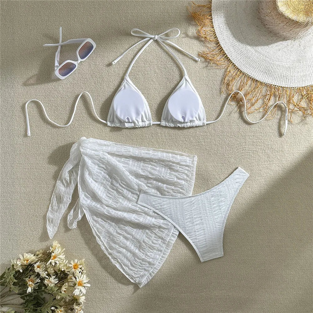 Yellow Micro Thong 3 Piece Bikini Set Damen Mesh Cover Up String Halter Swimwear Sexy Swimsuit Women 2025 Bathing Suit Bikinis