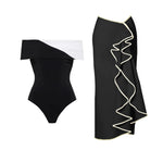 New 2Pcs Black Hollow Swimsuit Women Sexy Swimwear With Midi Skirt Push Up Bikini Female Biquini Bathingsuit Bodysuit Beachwear