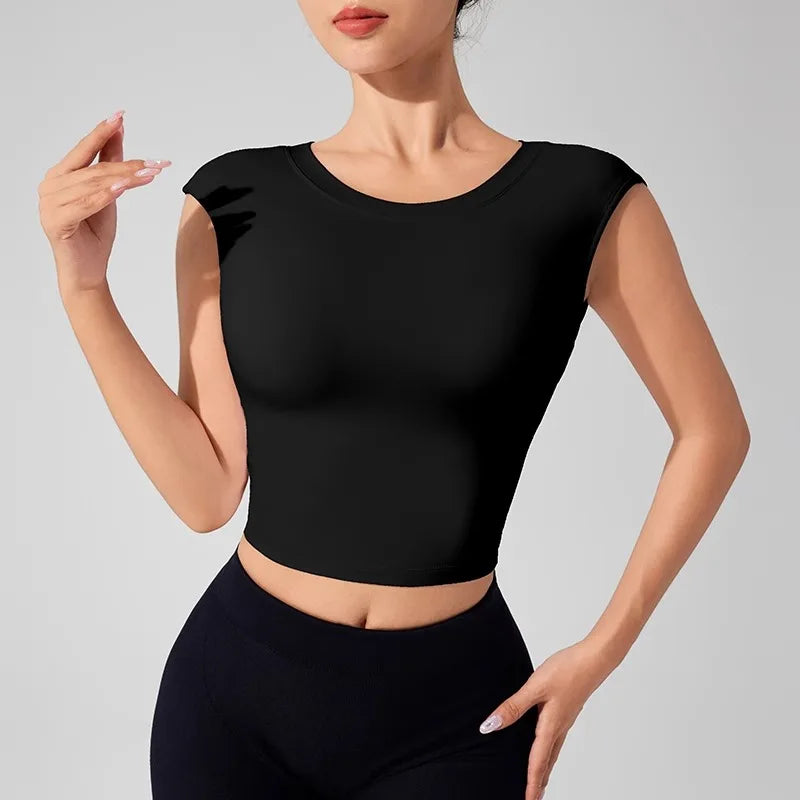 Women's Backless Fitness Clothes with Fixed Chest Pad Beautiful Top Short Sleeve Dance SportT-Shirt Yoga Wear