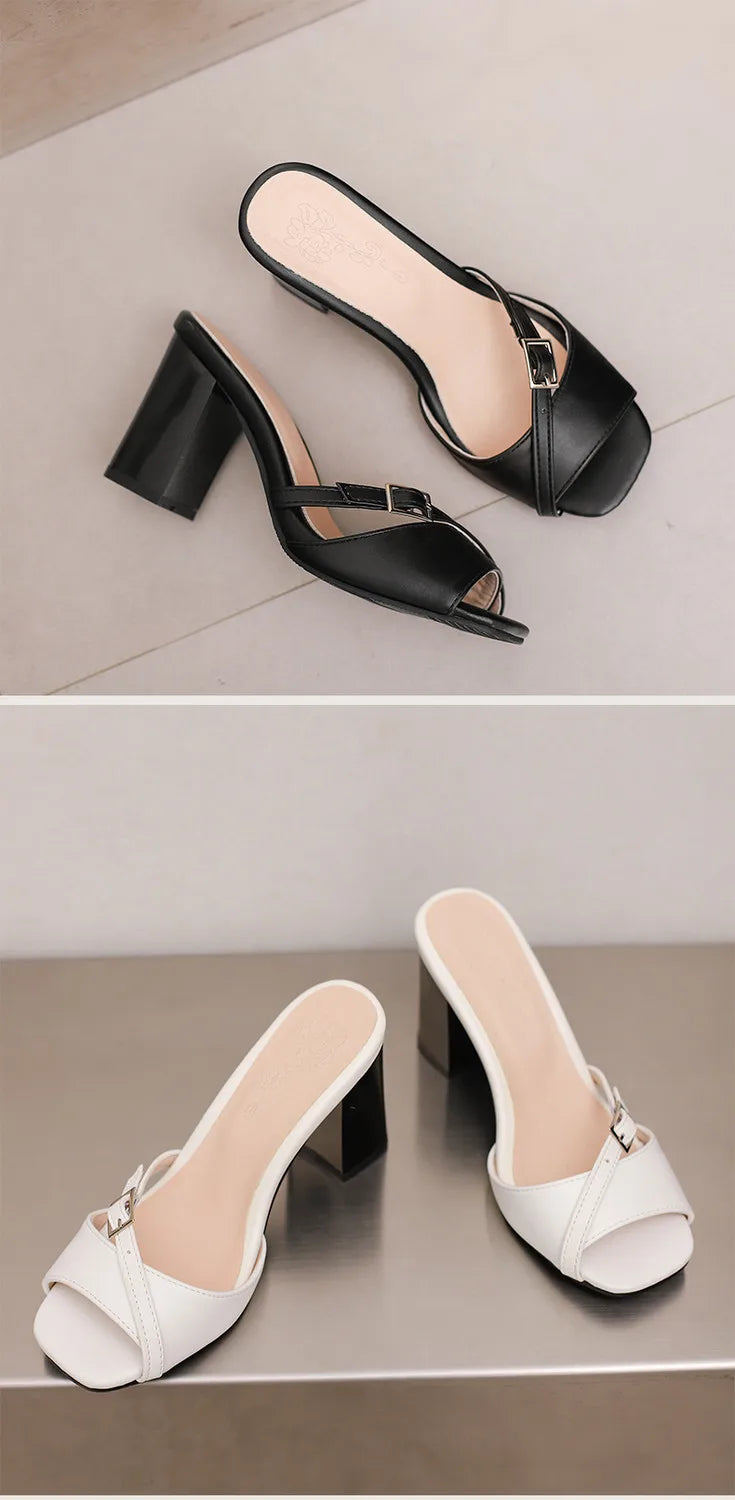 Summer New Fashion Open Toe Solid Color Simple Leather Surface Versatile Color Large Slippers Square Heel Shoes Women