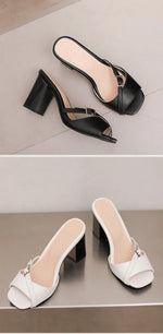 Summer New Fashion Open Toe Solid Color Simple Leather Surface Versatile Color Large Slippers Square Heel Shoes Women