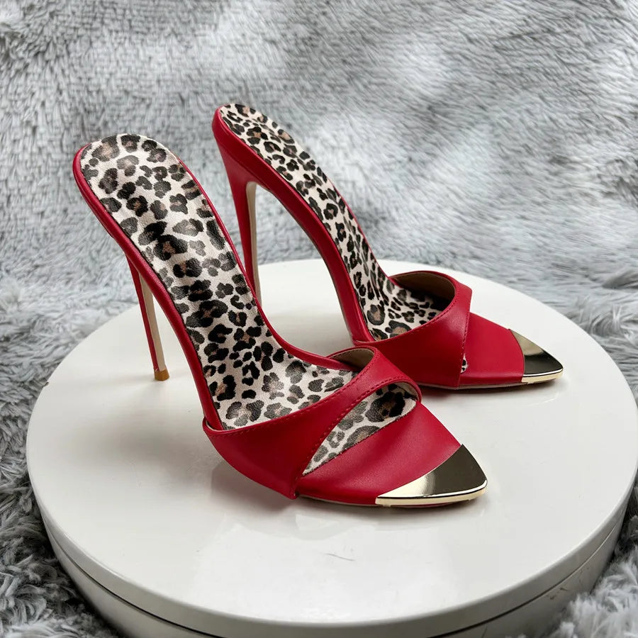 Red matte Leopard Base Slippers Pointed Toe Thin High Heels Women's Shoes Summer Casual Sexy Slip On Party One Word Belt Slipper