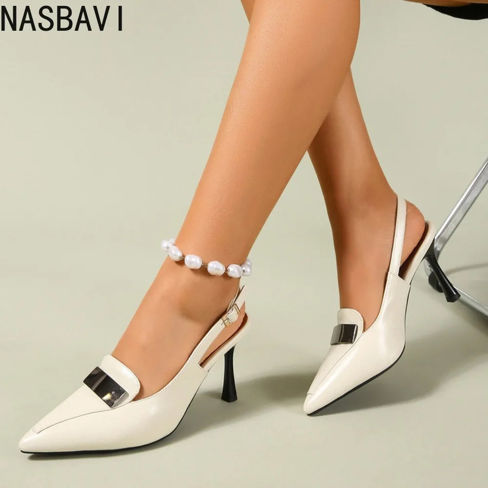 Women French Roman Sandals Pointed Toe 8cm Stiletto Thick Heels Back Buckle Strap Office OL Single Dress Shoes Large Size 34 45