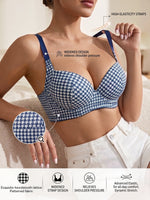 Women's Plaid Push-Up Bra Wide Straps Seamless Smoothing Underwear Underwire Side Support Adjustable Bra for Daily Wear