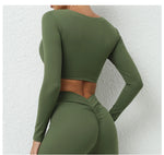 Long Sleeve Gym Crop Tops for Women Twist Deep V Workout Quick Dry Padded Sports Fitness Yoga T-Shirt