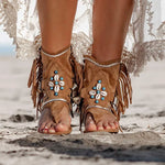 Retro Women Fringe Flower Wedges Shoes 2022 Solid Flock Beach Casual Sandals Women Summer Flip Flop Sandals