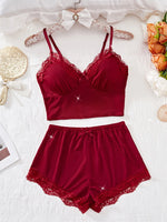 Women Sleepwear 2pcs Floral Contrast Lace Pajama Set V Neck Solid Color Bow Top & Shorts Suit Home Clothes Loungewear