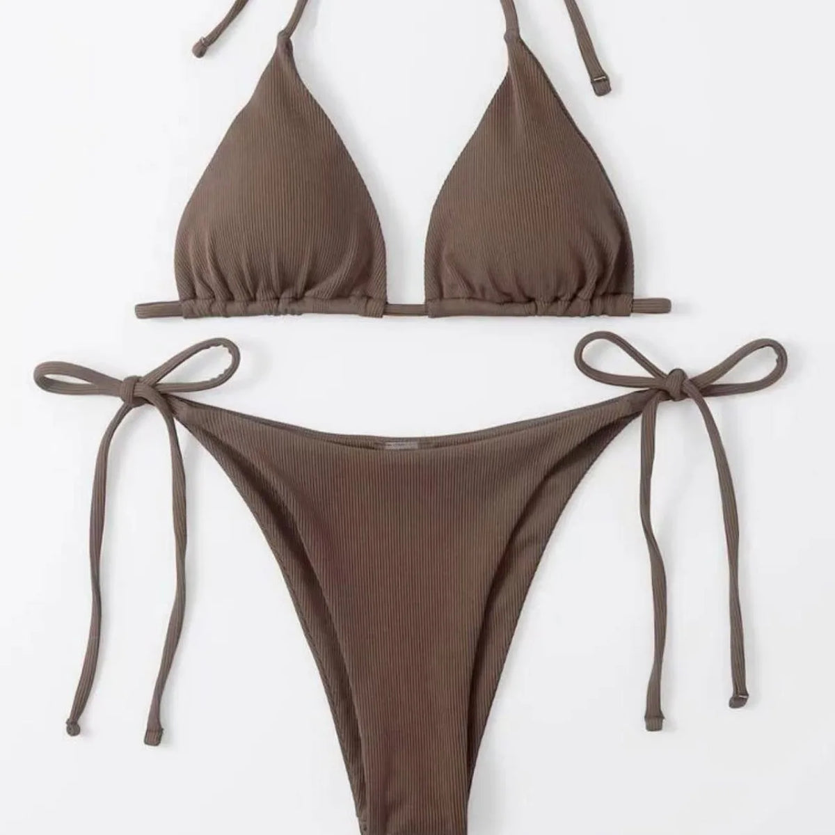 DEKA Women's Brazilian Solid Thong Bikini Set Side Halter Tie Swimsuit Ladies Split Strap Adjustable Bandage Lace-up Swimwear