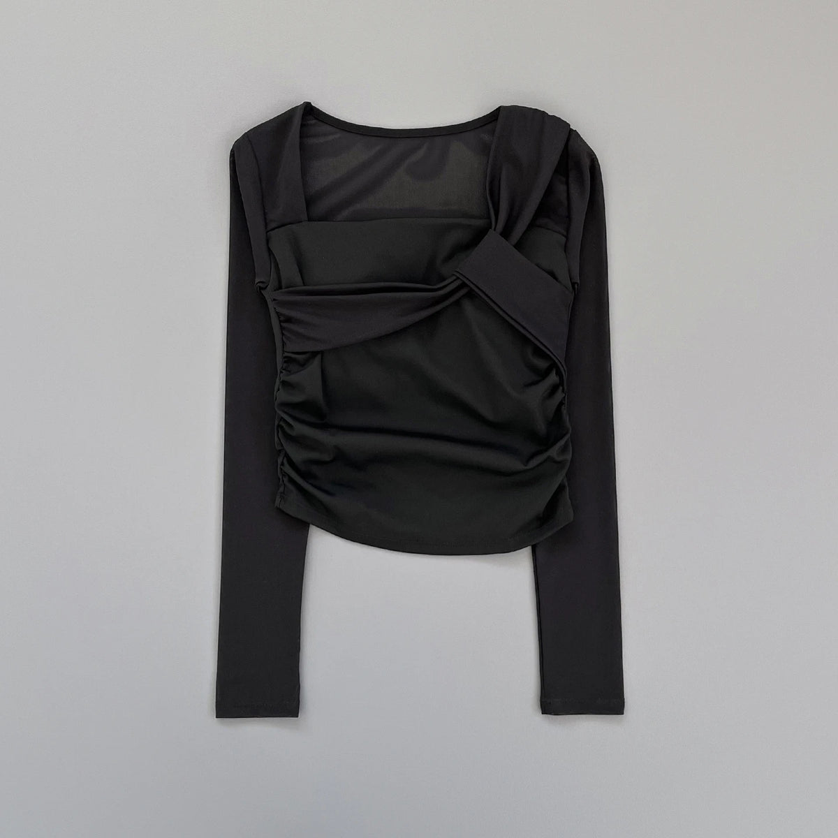 Women Square Neck Mesh Long Sleeve Yoga Top Shoulder Twist Side Ruched Soft Breathable Fitness Sports Tee ****