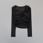 Women Square Neck Mesh Long Sleeve Yoga Top Shoulder Twist Side Ruched Soft Breathable Fitness Sports Tee ****