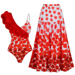 2025 New 2-Piece Shoulder Ruffle Swimsuit With Cover Up Sexy Women Swimwear Push Up Biquini Bathsuit Bodysuit Beachwear Dress