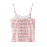 French Thin Style Sweet Plaid Camisole For Women With Lace Collar Slim Fit Semi Elastic Back Suitable For Seaside Vacations IHKJ