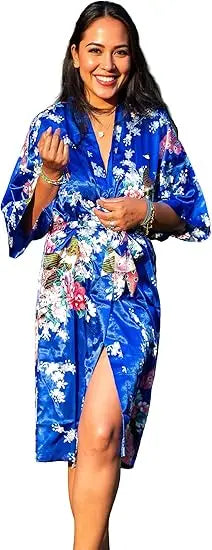 Lace Up Woman Peacock Print Japanese Kimono Yukata Silk Satin Short Style Sleepwear Home Nightgown Bath Robe Costume