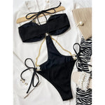 Sexy Ribbed Halter Metal Chains One Piece Swimsuit Women Swimwear Female Monokini High Leg Cut Bather Bathing Suit Swim V4572