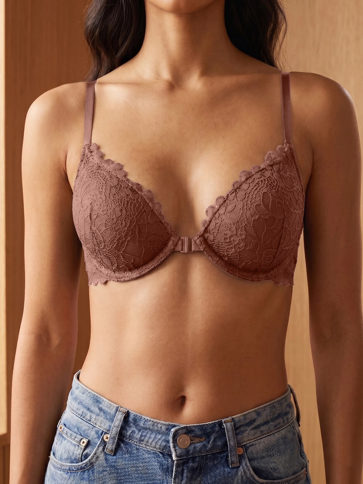 Sexy Women Lace Front Closure Bra Underwire Mesh Back Adjustable Strap Push Up Bralette Daily Thin Lingerie