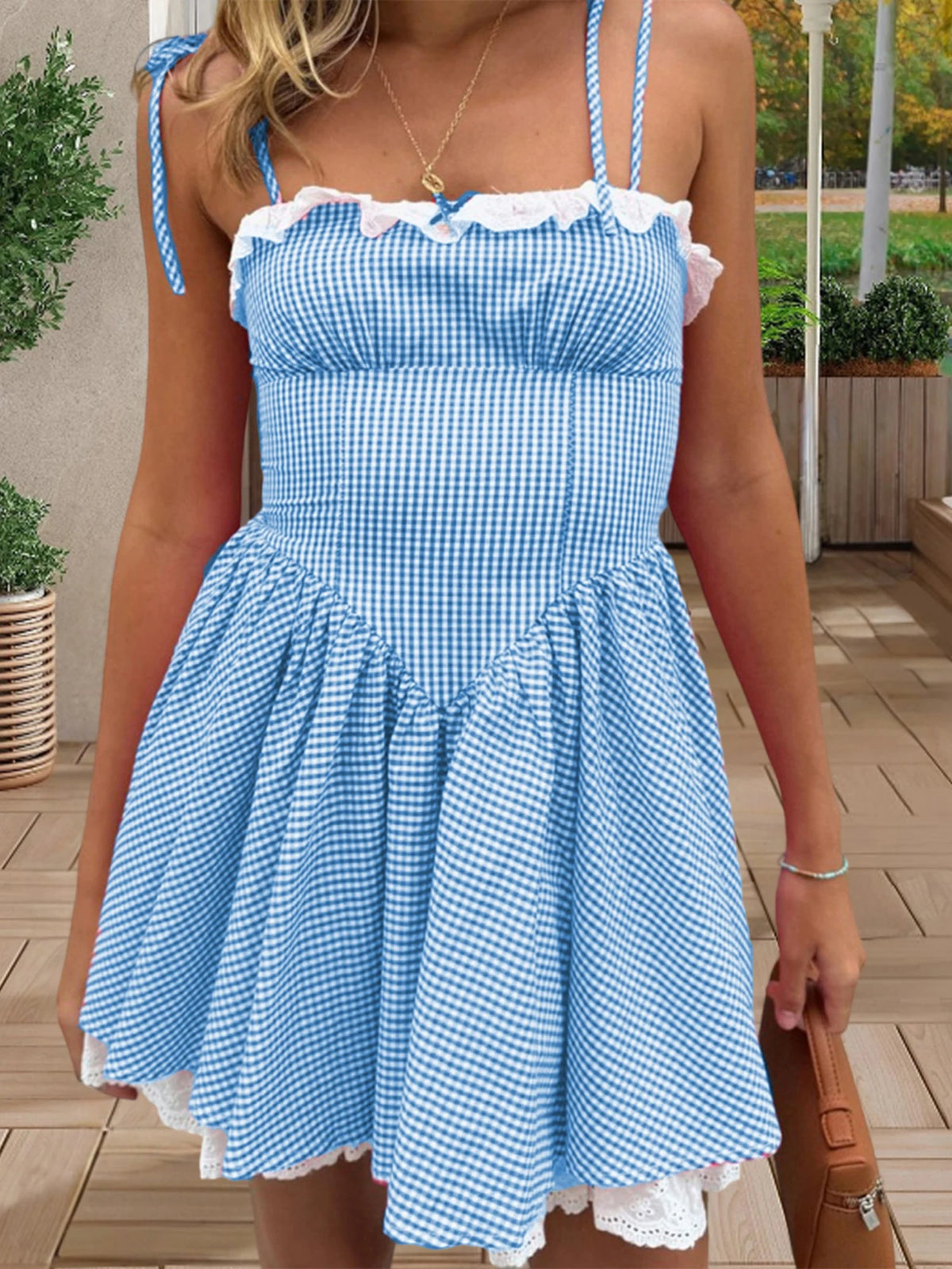 Summer Plaid Mini Cami Dress for Women Fashion Slim Ruffle Trim Tie-up Spaghetti Strap A-line Dresses for Daily Party