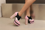 Bright Patent Leather Patchwork White PU Lace Up High Heels with Breathable Lining, Wavy and Serrated Patterns, Sweet Pumps