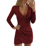 Spring Summer Women Dress Sequin Deep V Neck Slim Long Sleeves Slim Fit Pleated Party Club Short Dress Dating Prom Mini Dress