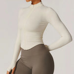 Ribbed Yoga Tops Women's Standing Collar Yoga Long Sleeved Sports Jacket Running Training Fitness Top Gym Workout Running Shirt