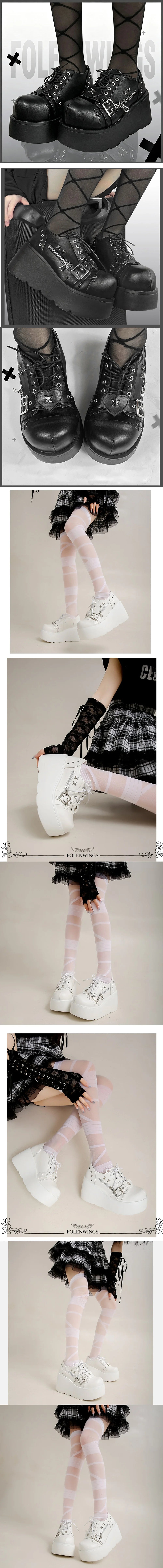 Size 42 Gothic Black Platform Creepers Shoes White Smooth Faux Leather Goth Creepers E-girl Chunky Lace Up Lolita Casual Shoes