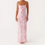 Women Summer Glitter Sequin Beaded Flower Cami Dress Slim High Split Spaghetti Strap Open Back Long Dresses for Party Club