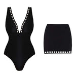 New 2Pcs Black Hollow Swimsuit Women Sexy Swimwear With Midi Skirt Push Up Bikini Female Biquini Bathingsuit Bodysuit Beachwear