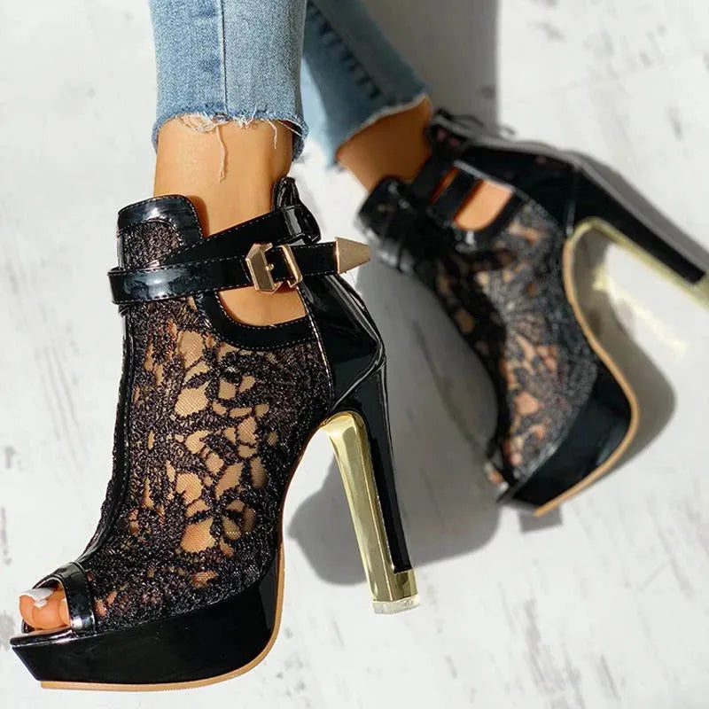 Summer Party Ankle Booties Black High Heels Platform Sandals Women Peep Toe Elegant Lace White Wedding Bridal Dress Shoes